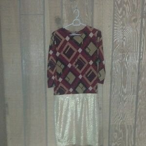 Geometric Print Blouse with Metallic Gold Skirt Set